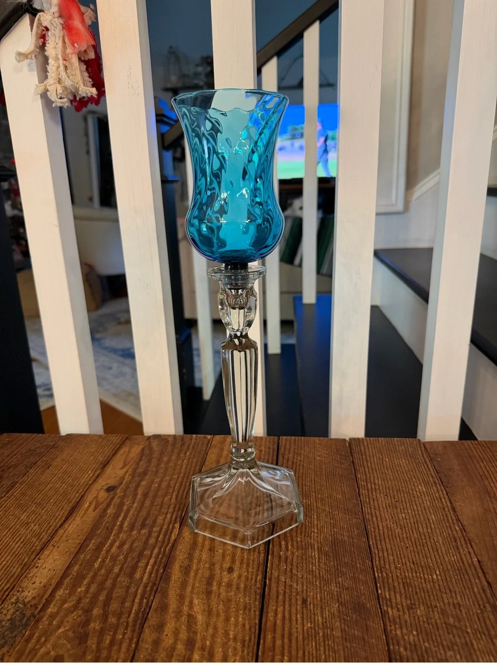 Vintage HOMCO Blue Optic Swirl Votive Holder with clear glass base